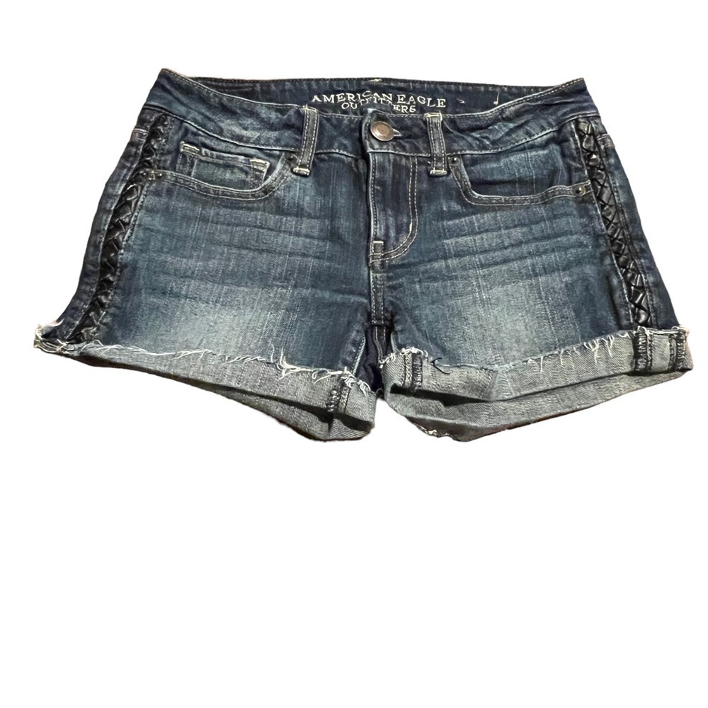 American Eagle Women’s Jean Denim Shorts Faux Leather Trim Cuffed Size 4